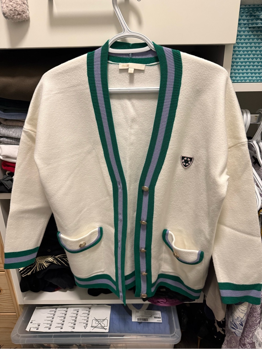 Maje Cream Cardigan with Green & Lavender Stripe Trim